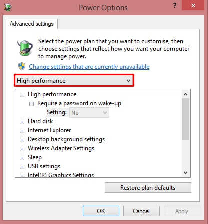 Adjust Power Options - High Performance settings