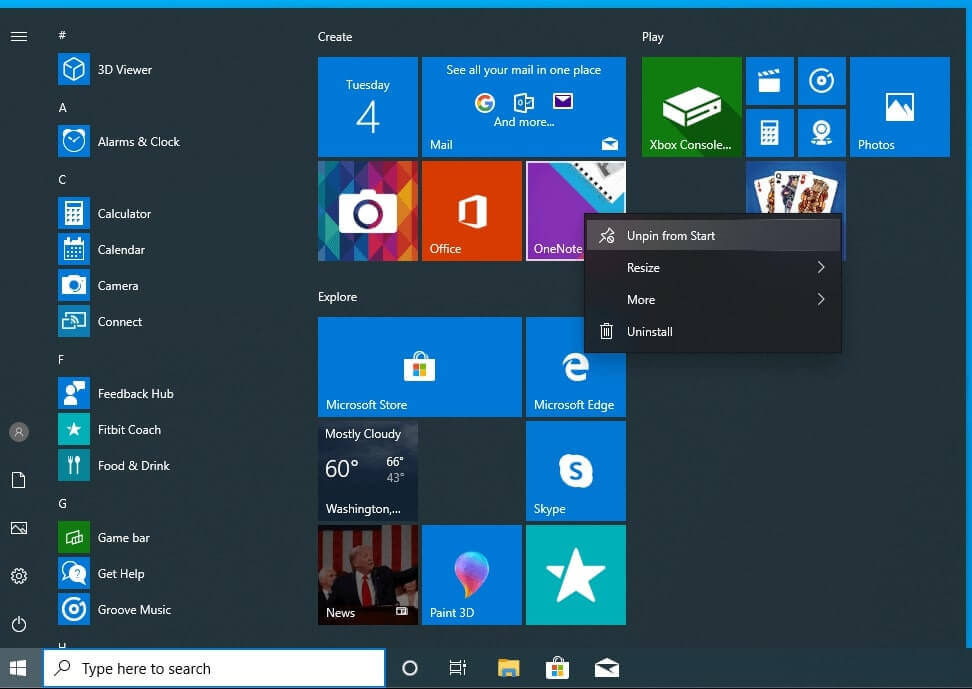 unpin tiles from start menu