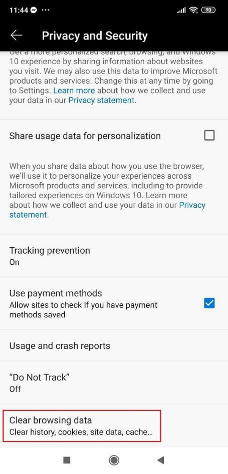 Edge phone clear browsing data