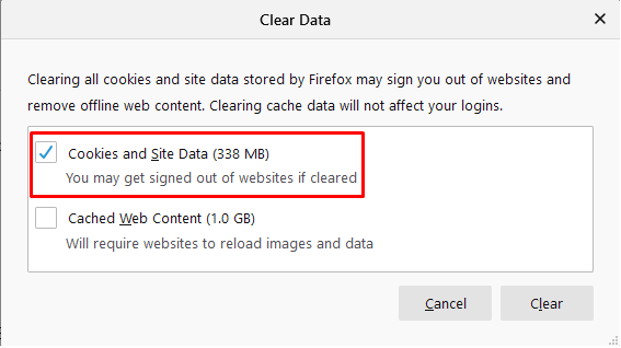 firefox cookies and site data