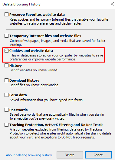 IE cookies and website data