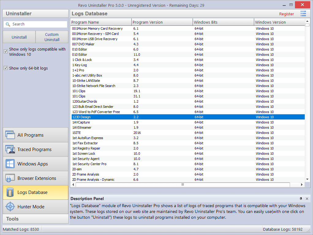 screen of logs database