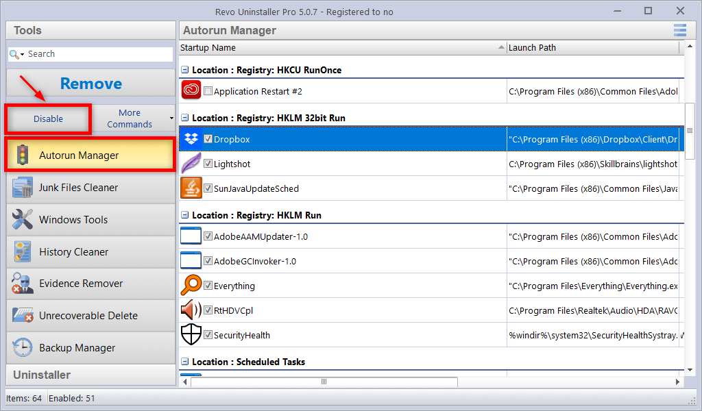 Stop unnecessary start-up programs-Revo Autorun Manager