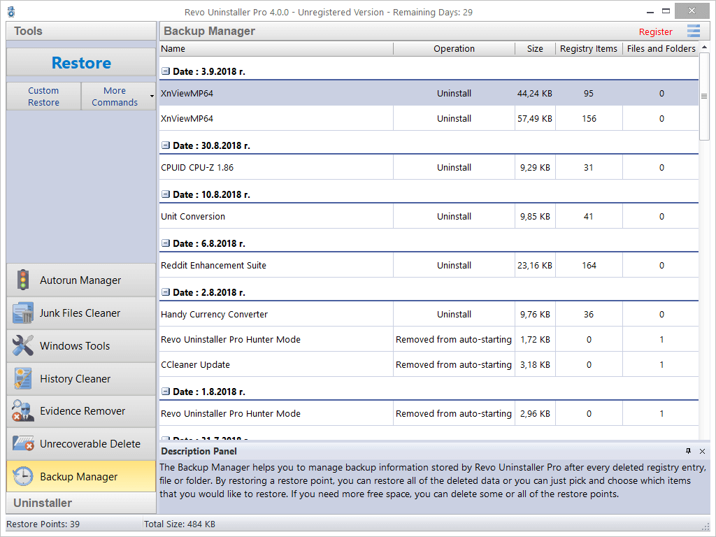 main screen of Backup Manager