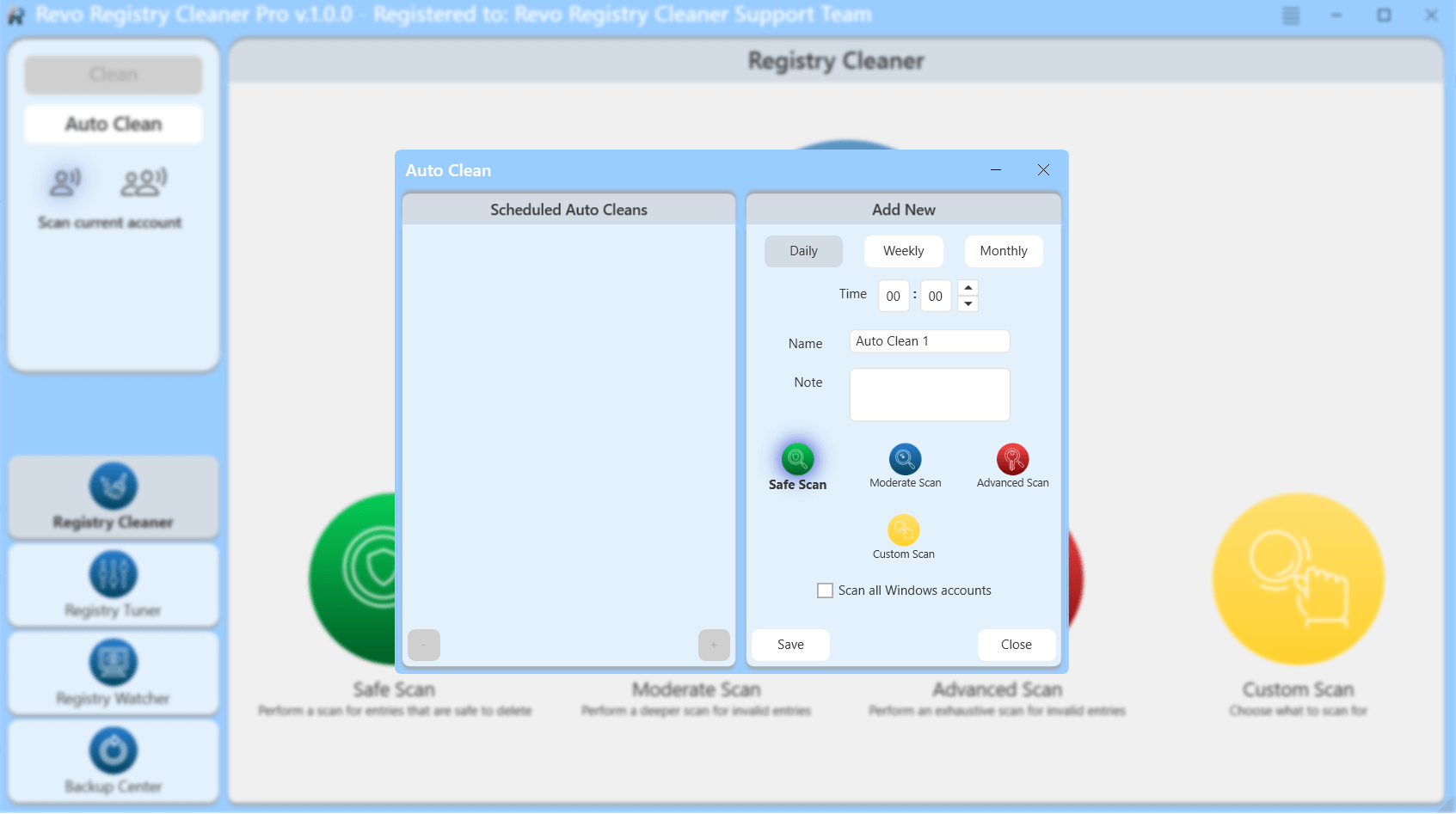 screen of registry cleaner auto cleans