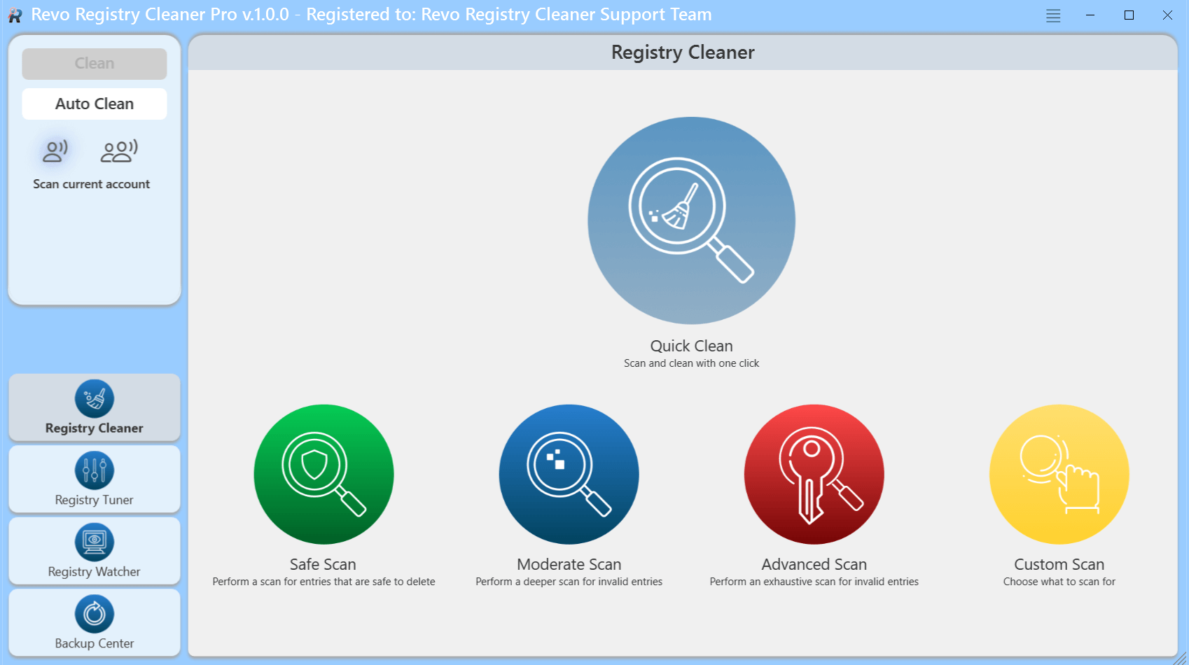 main screen of revo registry cleaner