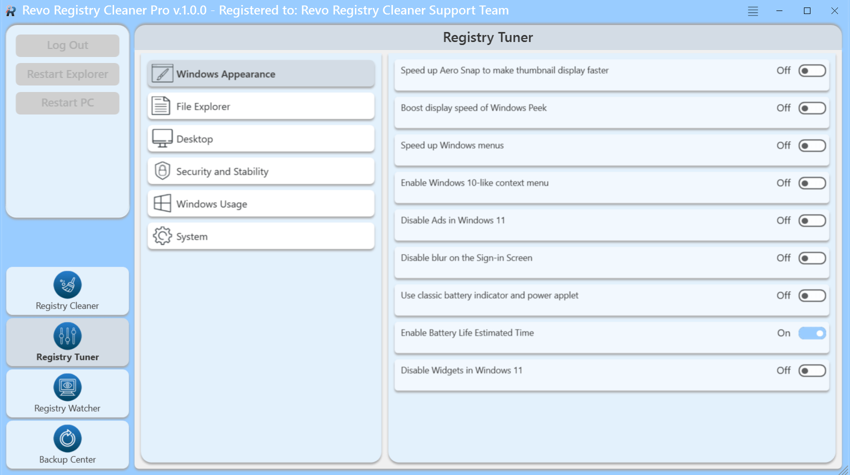 screen of registry tuner