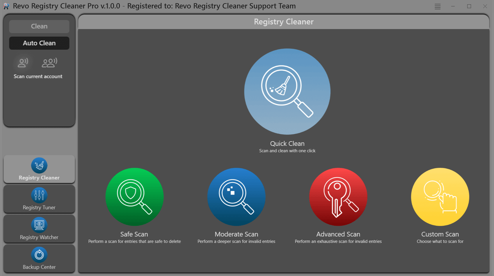 screen of registry cleaner user features