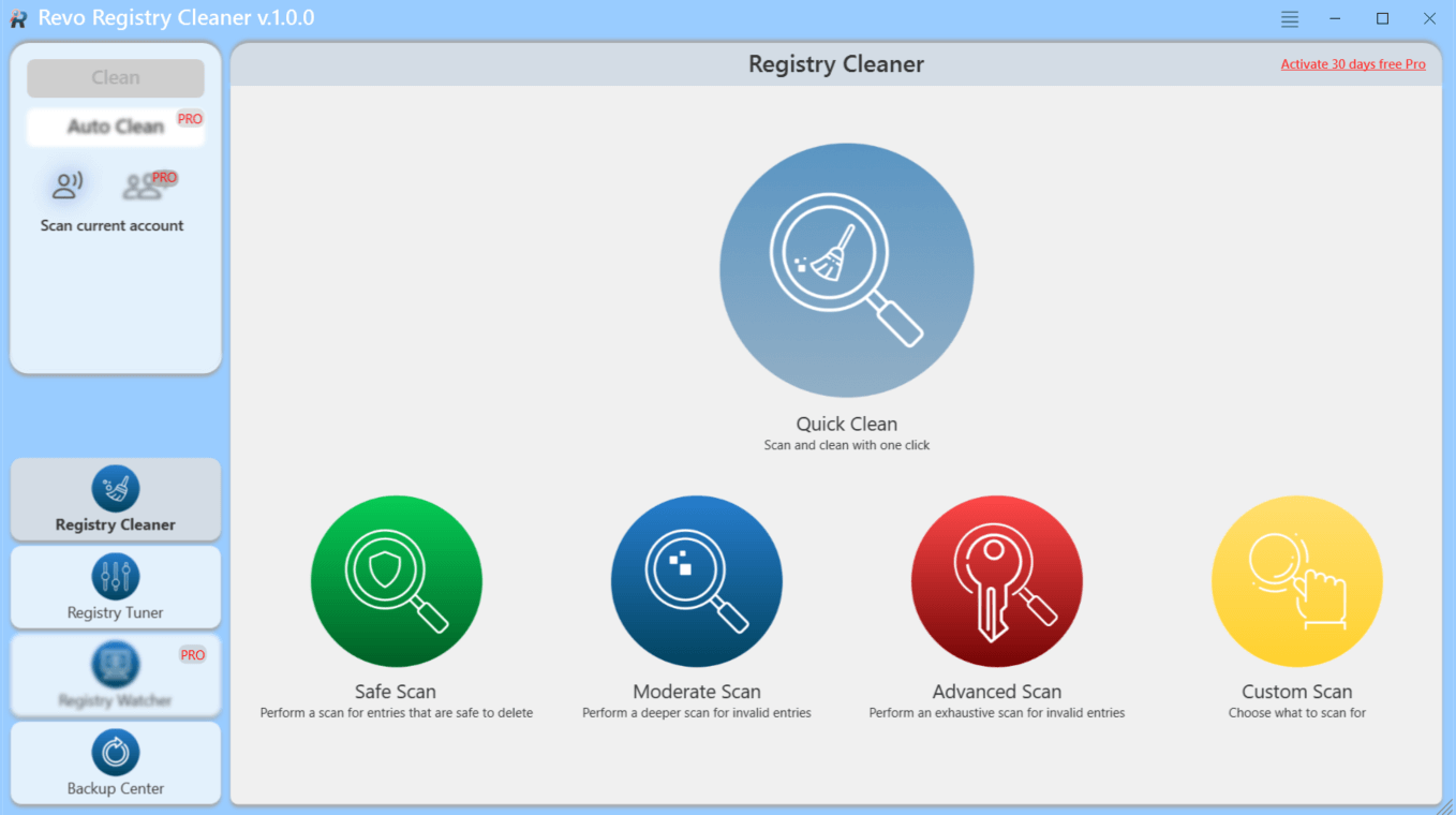 main screen of revo registry cleaner