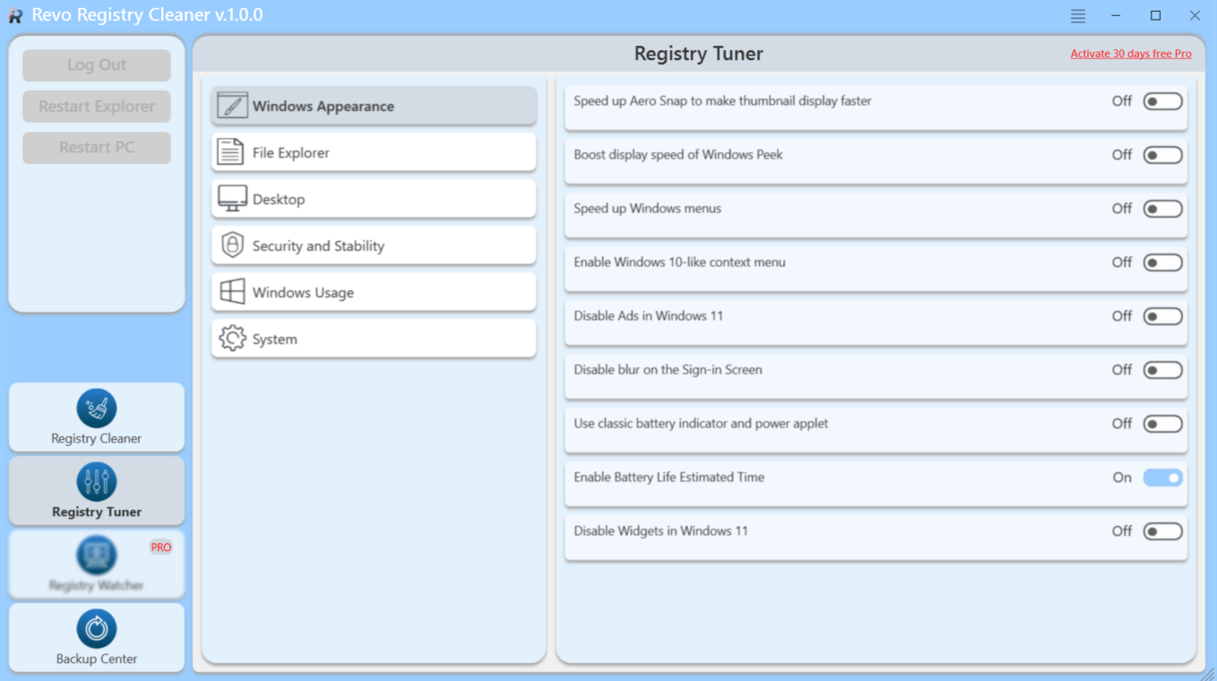 screen of registry tuner