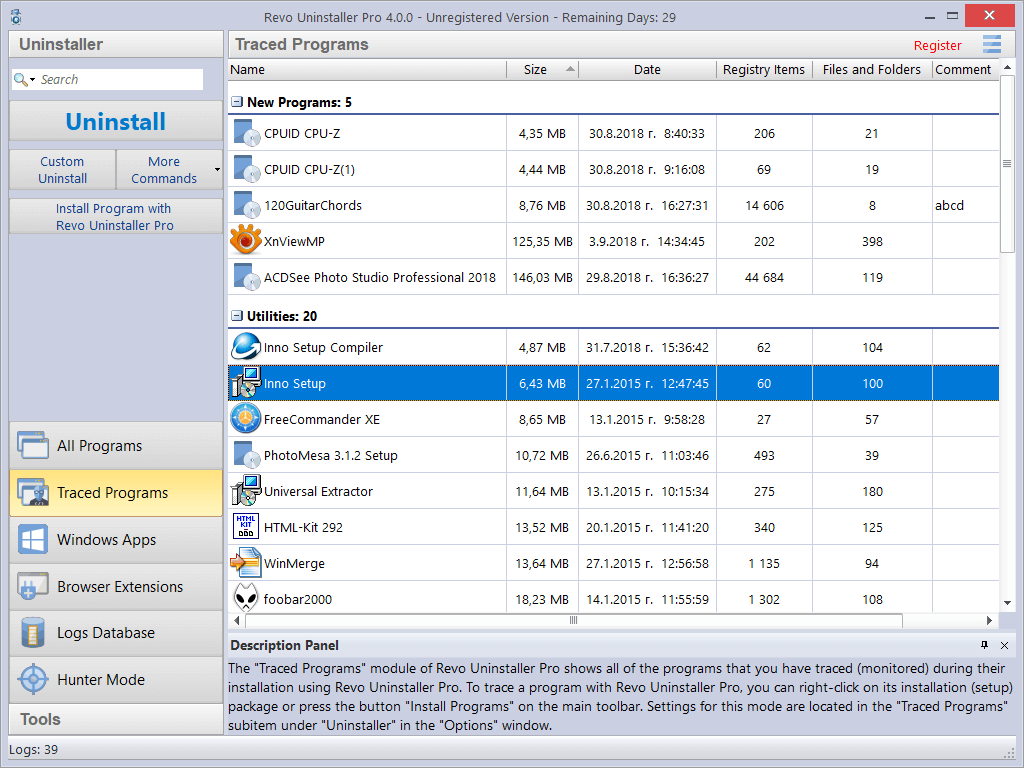 main screen of Traced Programs