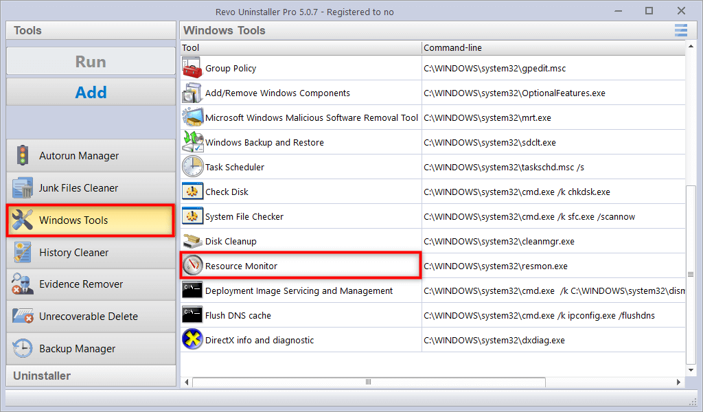 screen of revo uninstaller resource monitor